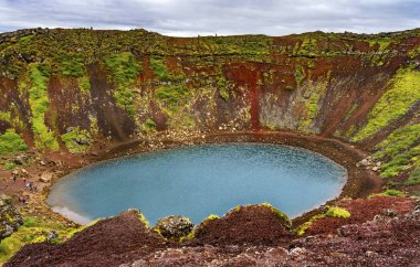 Red Green Kerio Volcano Crater Blue Lake Golden Falls Golden Circle Iceland.  Crater is 3,000 years old