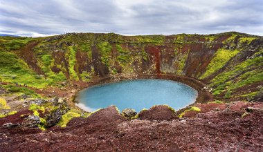 Red Green Kerio Volcano Crater Blue Lake Golden Falls Golden Circle Iceland.  Crater is 3,000 years old