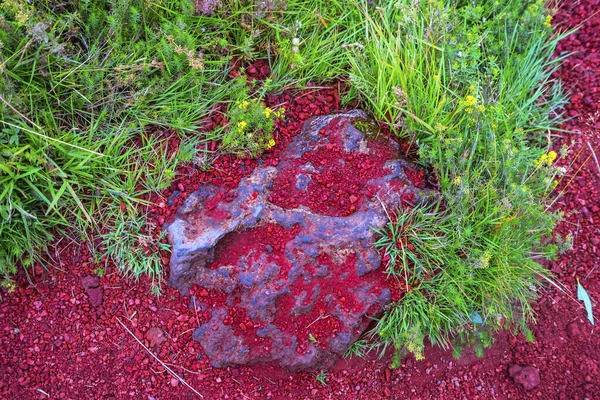 Red Volcanic Stone Green Grass Kerio Volcano Crater Blue Lake — Foto de Stock