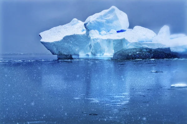 Snowing Floating Blue Iceberg Reflection Paradise Bay Skintorp Cove Antarctica. Glacier ice blue because air squeezed out of snow.