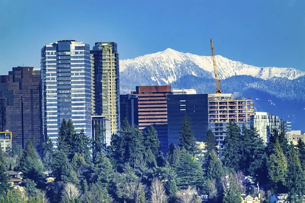 Höga Resa Byggnader Lägenheter Citycenter Snow Capped Cascade Mountains Bellevue — Stockfoto