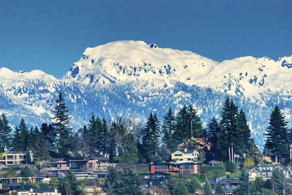 Huizen Woonwijken Sneeuw Bedekte Cascade Mountains Bellevue Washingto — Stockfoto