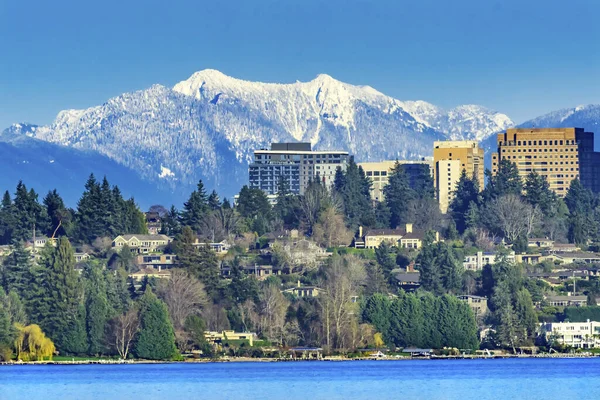 Höga Byggnader Husen Bostadsområden Lake Washington Snow Capped Cascade Mountains — Stockfoto