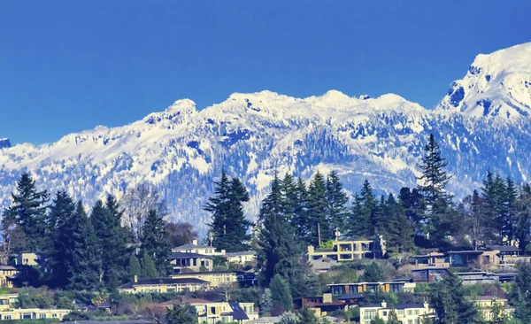 Casas Residenciales Barrios Nevados Cascada Montañas Bellevue Washingto — Foto de Stock