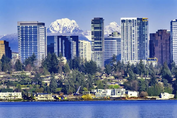 High Rise Buildings Houses Residential Neighborhoods Lake Washington Snow Capped — Stock Photo, Image