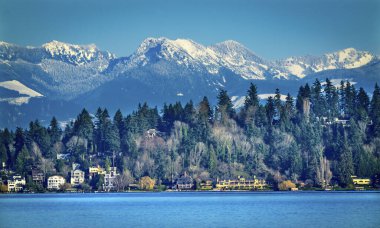 Houses Residential Neighborhoods Lake Washington Snow Capped Cascade Mountains Bellevue Washingto