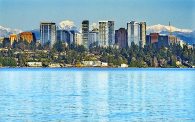Yüksek Binalar Yerleşim Evleri Washington Gölü Karla kaplı Şelale Dağları Bellevue Washingto