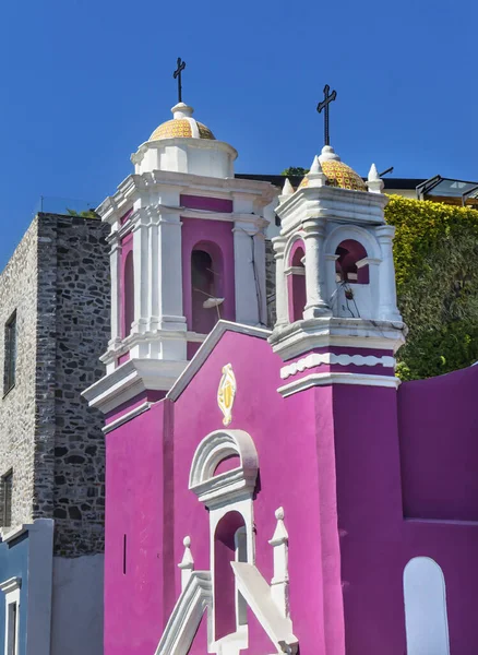 Färgglada Rosa Capilla Del Cireneo Kapell Kyrka Puebla Mexiko Liten — Stockfoto