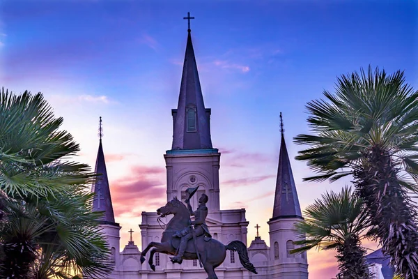 Andrew Jackson Statue Square Saint Louis Cathedral Oldest Church Sunset — Zdjęcie stockowe