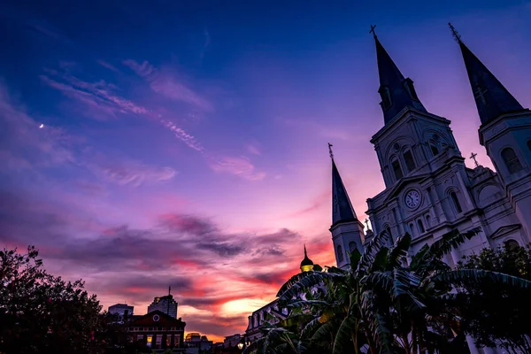 Sunset Moon Saint Louis Cathedral Oldest Church Cabildo State Museum — 스톡 사진