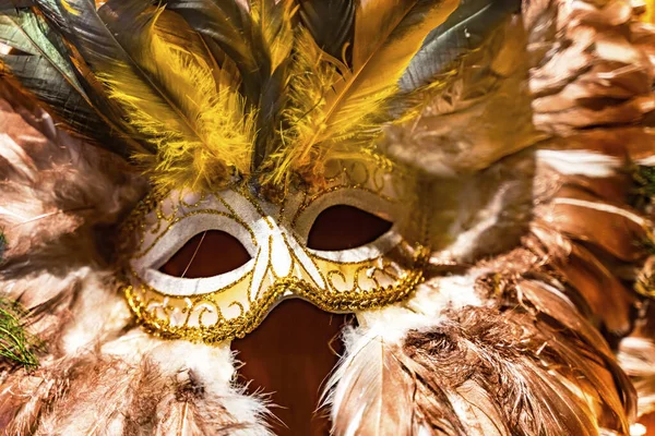 Kleurrijk Oranje Geel Masker Veren New Orleans Louisiana Maskers Gedragen — Stockfoto