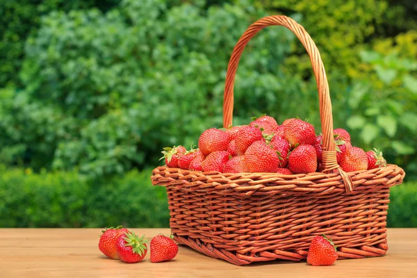 Świeże truskawki w koszu na drewnianym stole w ogrodzie — Zdjęcie stockowe