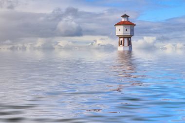 Sel simülasyon. Deniz feneri ve su kulesinde Langeoog Adası, Aşağı Saksonya, Almanya