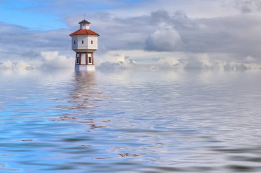 Sel simülasyon. Deniz feneri ve su kulesinde Langeoog Adası, Aşağı Saksonya, Almanya