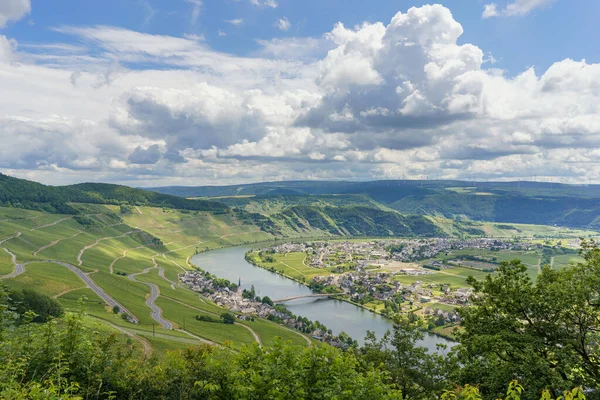 Världsberömd vinstad Piesport vid floden Mosel, Rheinland-Pfalz, Tyskland — Stockfoto