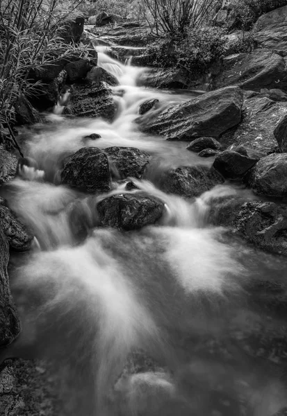 Felsige Flusslandschaft schwarz-weiß — Stockfoto