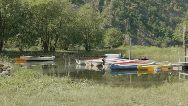 Båtar, kajaker och kanoter i campingen. Smidig dolly skott — Stockvideo