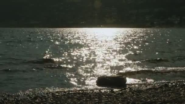 Stone and sun reflection on the lake — Stock Video