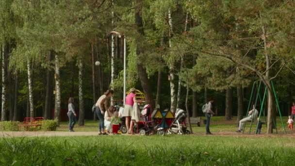 Parkta çocuklu aile. Sonbahar gündüz. Pürüzsüz dolly vurdu — Stok video