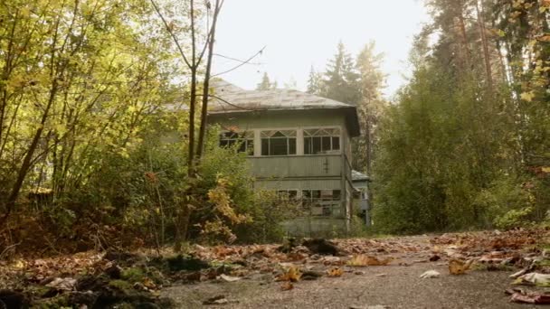 Casa abandonada en el bosque. Día de otoño. Suave dolly tiro — Vídeo de stock