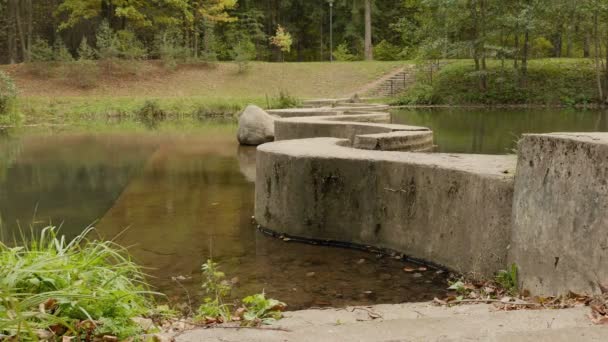Passerella di cemento attraverso il fiume. Di giorno d'autunno. Liscio colpo dolly — Video Stock