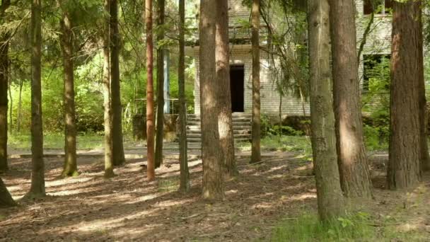 Verlaten huis in het bos. Soepele en langzame dolly schot — Stockvideo