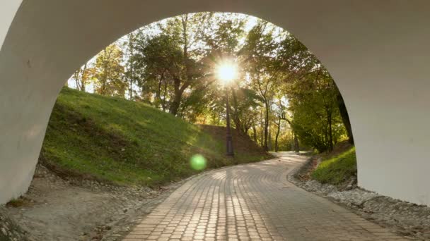 In the arch of the bridge. Autumn daytime. Smooth dolly shot — Stock Video