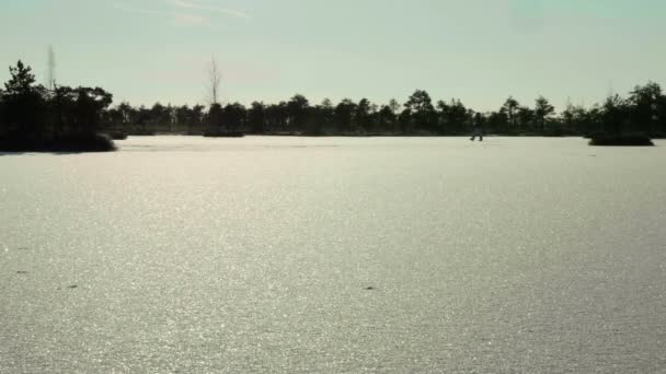 Karlı alan donmuş göl üzerinde. Temiz ve soğuk gündüz. Pürüzsüz dolly vurdu — Stok video