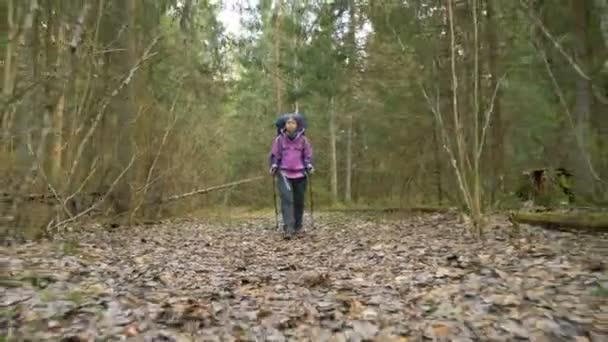 Туристическая женщина с рюкзаком наслаждается видом на тропический лес - летящая камера снята — стоковое видео