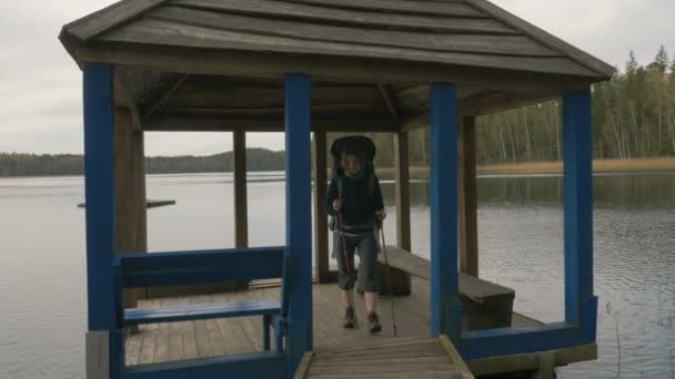 Дівчина Йонуг йде з літнього будинку на озері - стаціонарний знімок камери — стокове відео