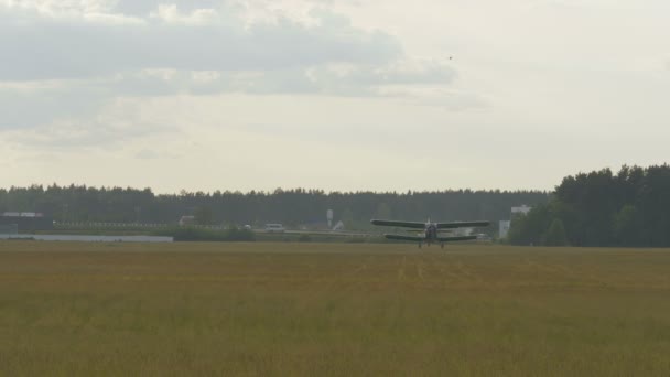 Pequeno avião pousa no campo de grama - lentidão 60 fps — Vídeo de Stock