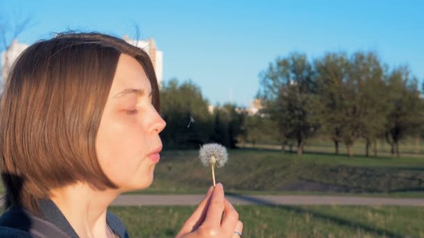 Young girl blows off the dandelion - slowmo 180 fps — Stock Video