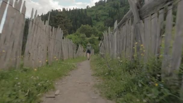 Flicka vandringar i fjällen - Koruldi sjöar området, Mestia, Georgien — Stockvideo