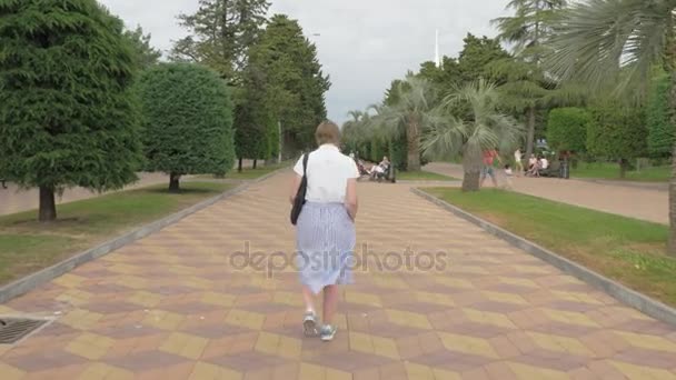 Mooi meisje lopen in het park van het resort. Stad in Batumi, Georgië — Stockvideo