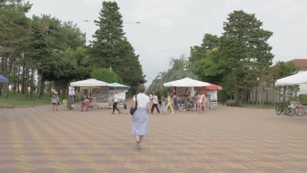 Mooi meisje lopen in het park van het resort. Stad in Batumi, Georgië — Stockvideo