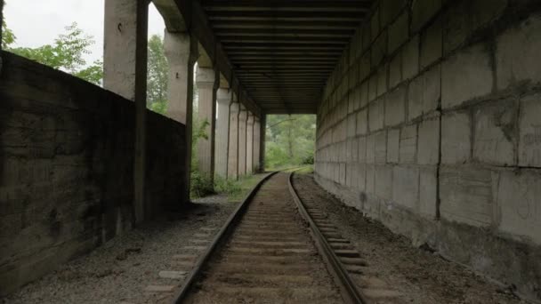 Летающие над железной дорогой в тоннеле — стоковое видео
