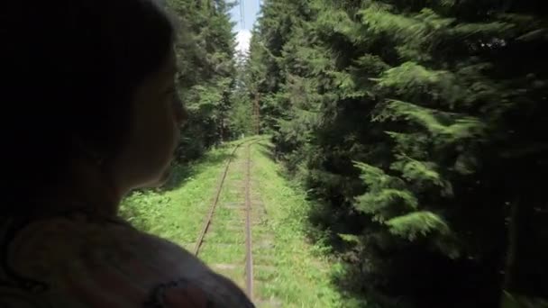 Meisje kijkend naar de spoorweg van de laatste wagen in het bos - Georgië — Stockvideo