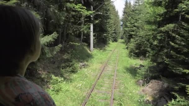 Chica mirando el ferrocarril desde el último vagón en el bosque - Georgia — Vídeos de Stock