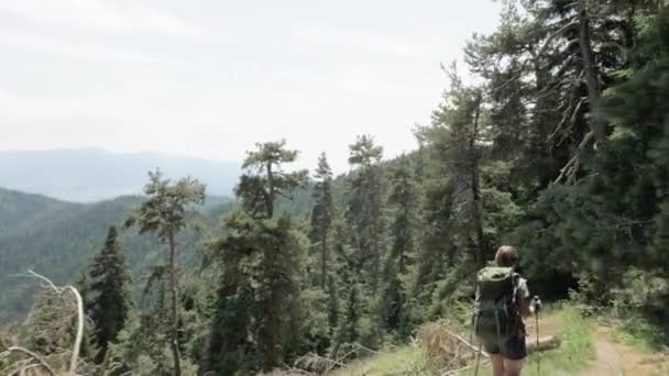 Молодая девушка гуляет в горах с пекарней - Национальный парк Грузии — стоковое видео