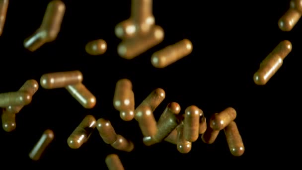 Pilule capsules tombant sur la table miroir. Coup de ralenti, 180 ips 