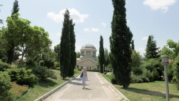 Jong meisje op zoek naar de Heilige Drievuldigheid kathedraal van Tbilisi Tsminda Sameba - Georgië — Stockvideo