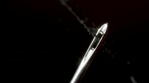 Gänga genom ögat på en nål i makro — Stockvideo