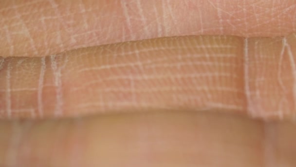 Blanco detallada piel humana caucásica en los dedos de la mano primer plano en macro — Vídeo de stock