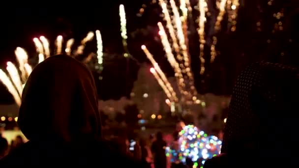 Mensen kijken 's avonds naar de vuurwerkshow op vakantie. — Stockvideo