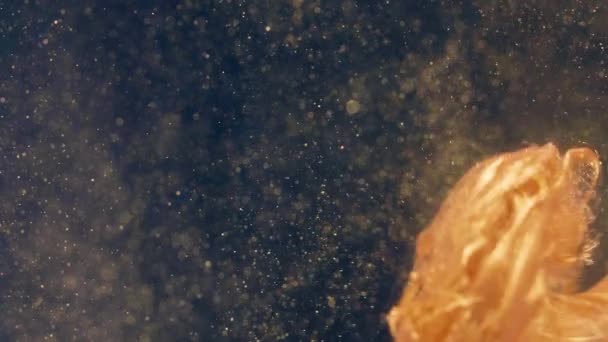 Gouden inkt deeltjes stromen in het water als kleurrijke chaos op de zwarte achtergrond — Stockvideo