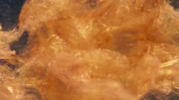 Partículas de tinta dourada flui na água como caos colorido no fundo preto — Vídeo de Stock
