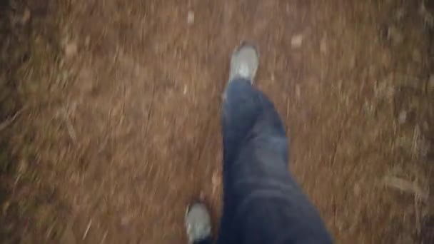 Homme adulte POV de ses bottes de haut en bas et marchant sur le sol de boue — Video