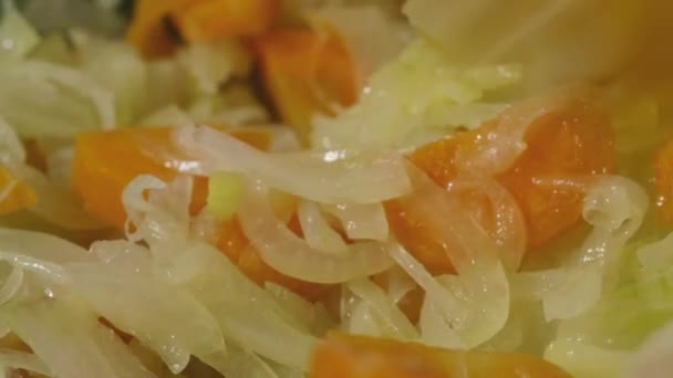Ο σεφ ανακατεύει καρότα και κρεμμύδια με μια σπάτουλα σε ένα τηγάνι με φυτικά έλαια — Αρχείο Βίντεο