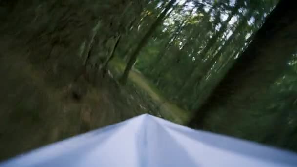 Papier vliegtuig vliegt in het bos snel, oogpunt, POV — Stockvideo