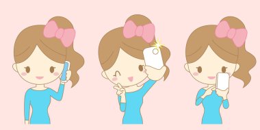 Çizgi film kadın gülümseme almak selfie